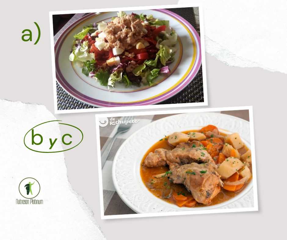 Ensalada de pimientos asados atún y huevo con estofado de conejo.